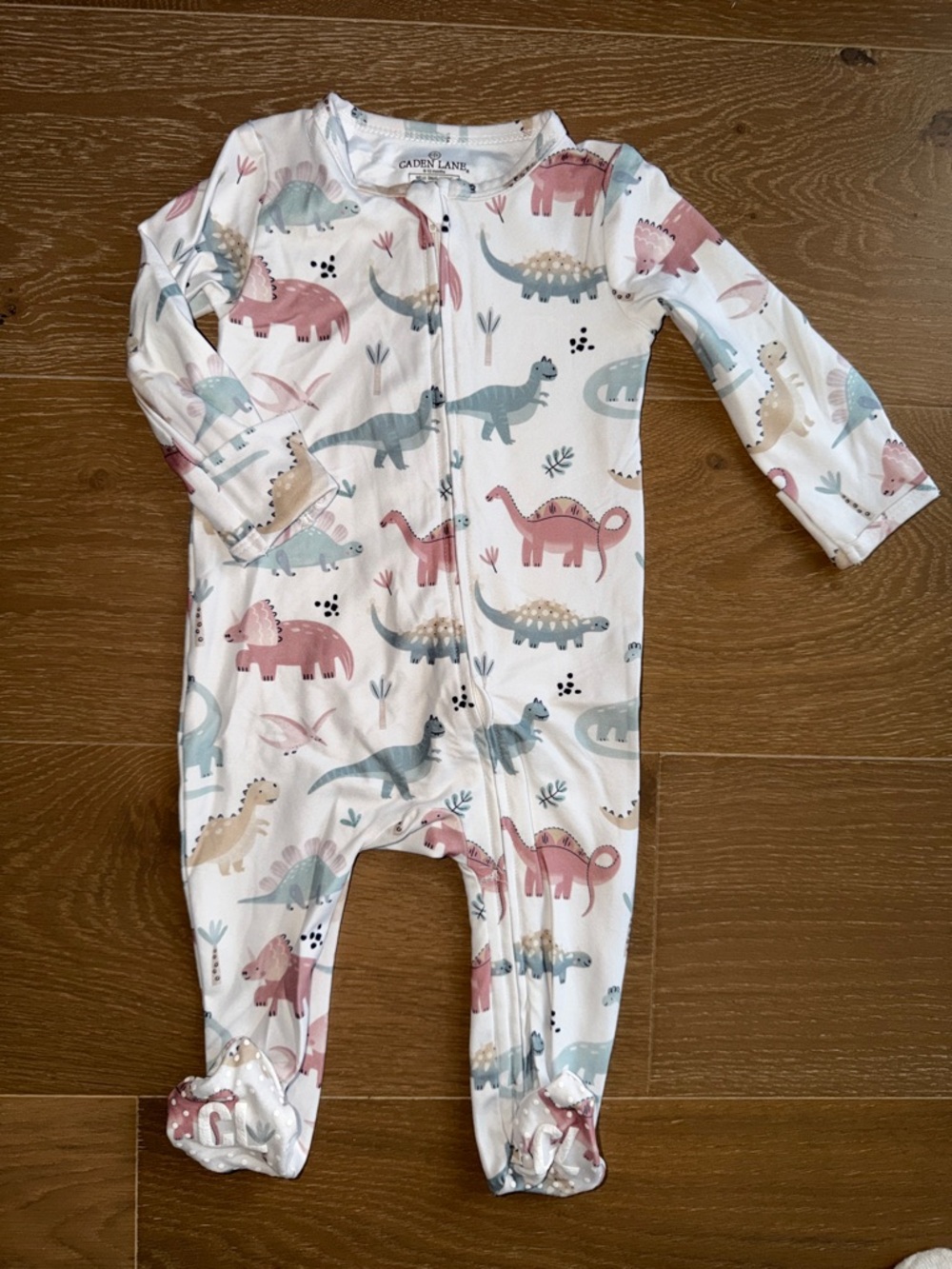 Caden Lane White Footed One-Piece with Pastel Dinosaur Print